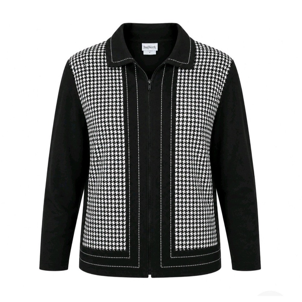 BonWorth Black White Houndstooth Panel Zip Front Jacket Womens L